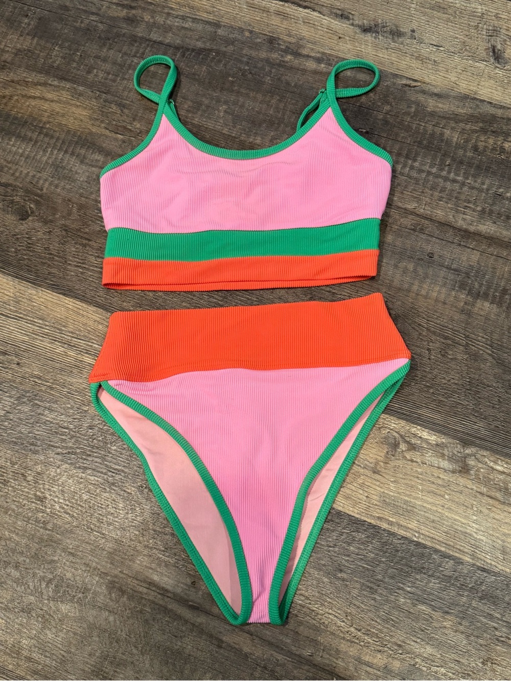 Beach Riot Pink Orange Green Colorblock High-Waist Bikini